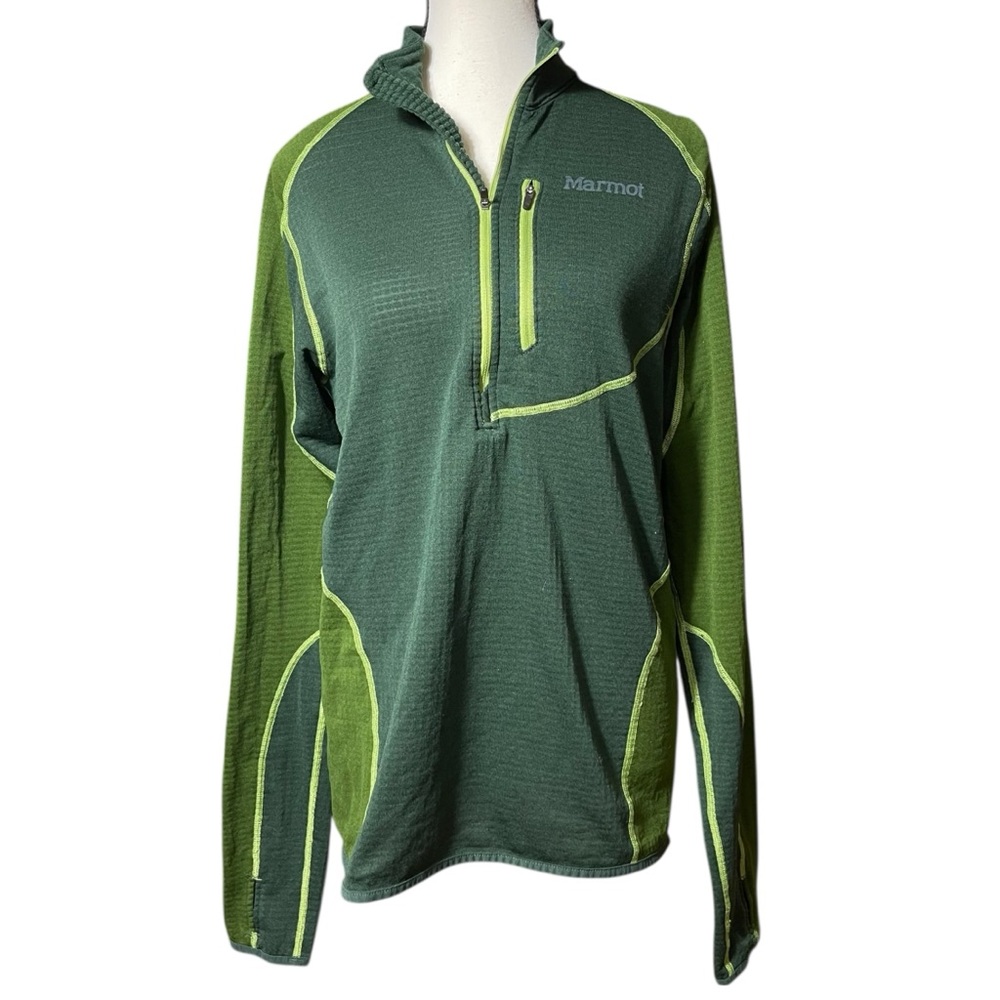 Marmot Forest Green Pullover w/Thermal Texture Pockets Thumb Holes Polartec - Picture 2 of 8